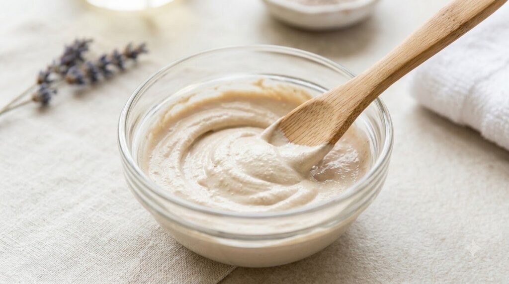 A close-up shot of a small bowl containing the mixed DIY face mask showing a smooth creamy texture with a small spatula 