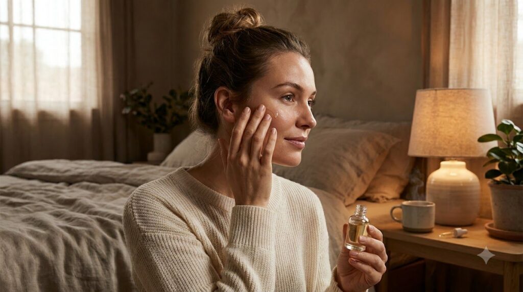 A woman with glowing smooth skin gently applying a small amount of the coffee and baby oil blend to her face at night