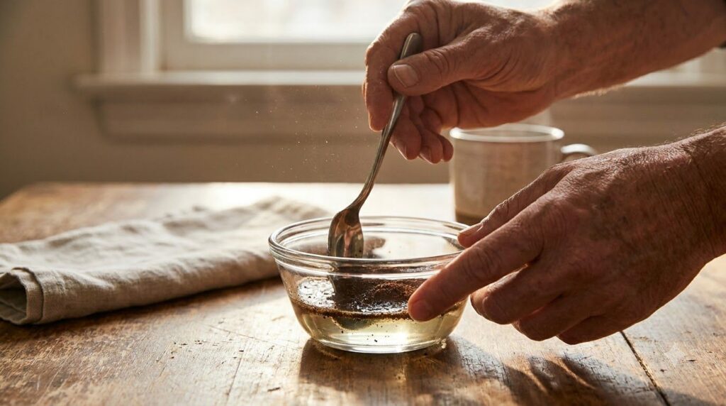 Hands mixing coffee grounds and baby oil in a small glass bowl with a spoon