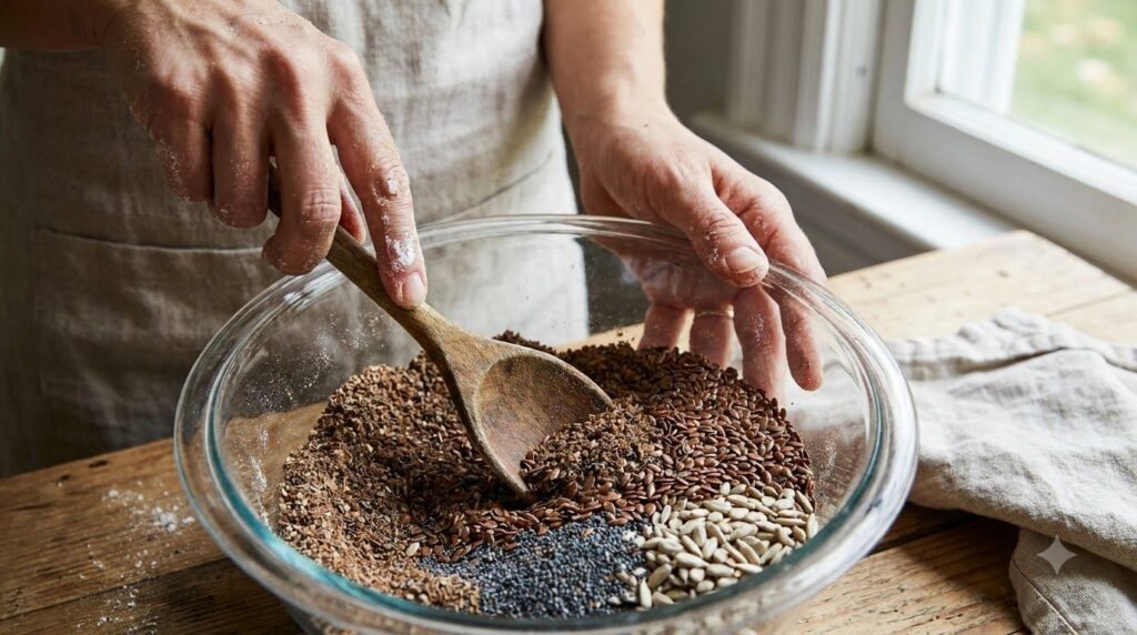 A woman mixing various seeds in a bowl with a spoon preparing the daily glowing skin blend