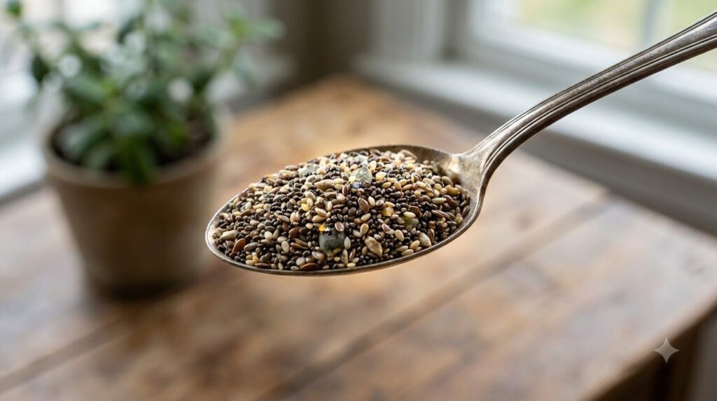 A close-up of a tablespoon filled with the mixed seed blend ready to be added to a smoothie or yogurt