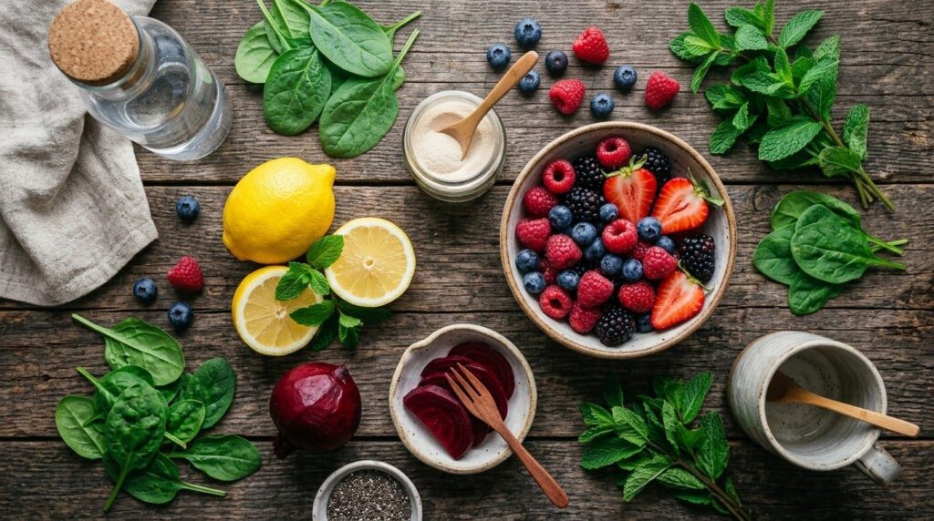 A flat lay of fresh ingredients used in the drink mixed berries whole lemon and a small cooked beet arranged aesthetical