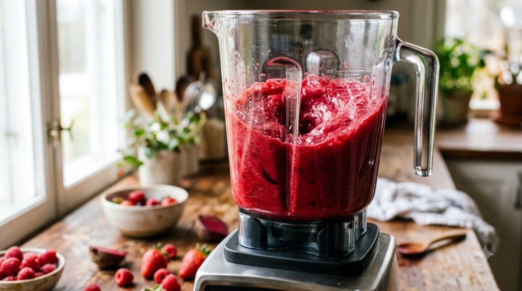 Close-up of a blender blending ruby-red ingredients into a smooth drink showing motion and vibrant color