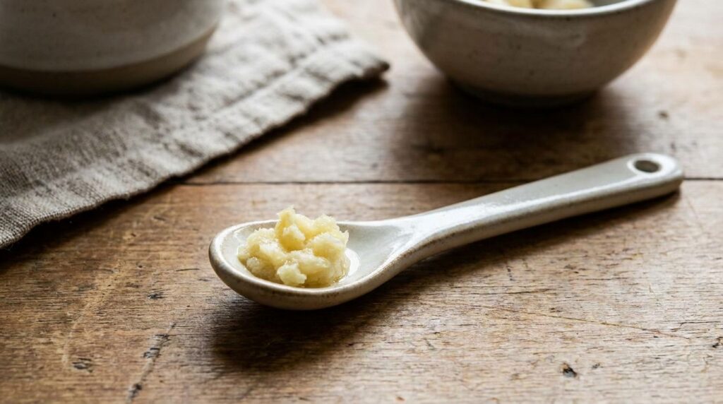 A small amount of crushed garlic paste on a spoon or small dish ready for application