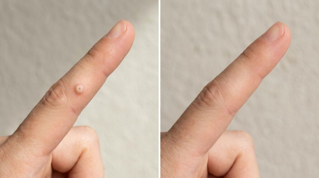 A hand showing a small wart on a finger before treatment with another image showing the same hand after the wart has vis