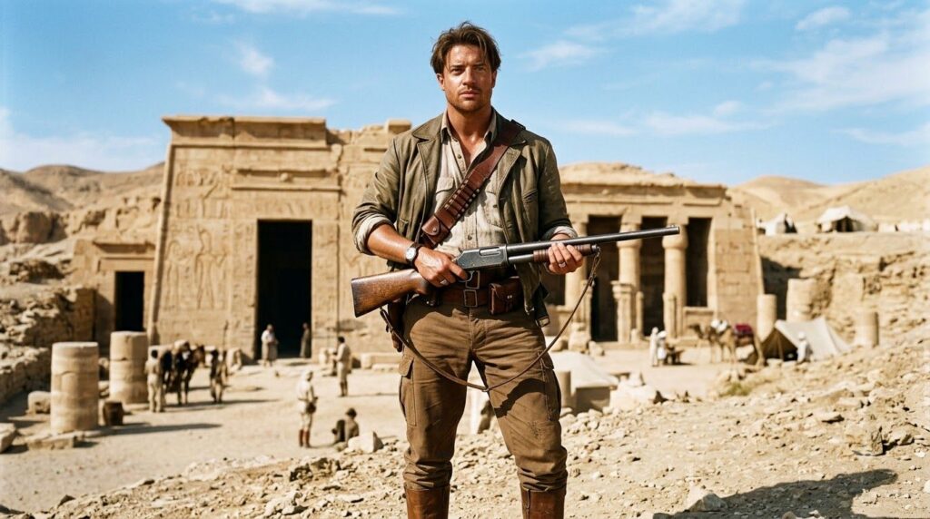 Brendan Fraser as Rick O Connell from The Mummy in an action pose in an ancient Egyptian setting