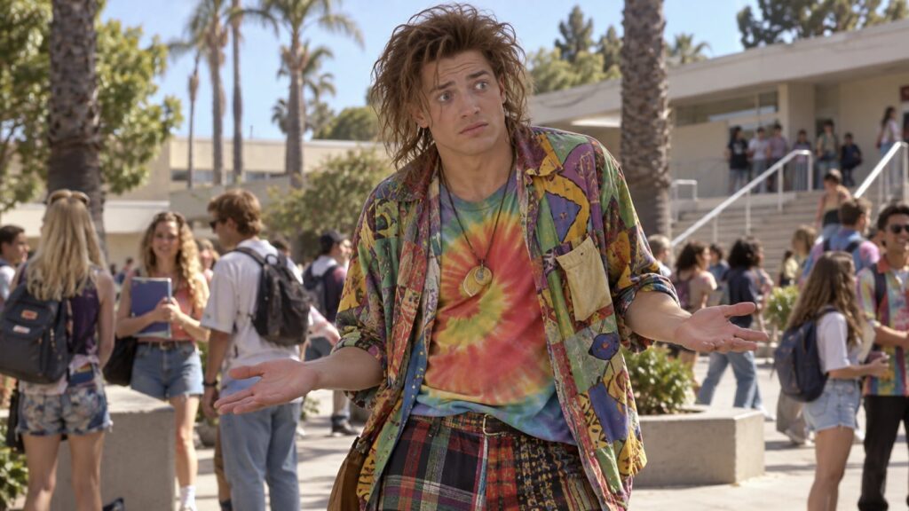 Brendan Fraser as Link in Encino Man looking bewildered and comical in modern clothes