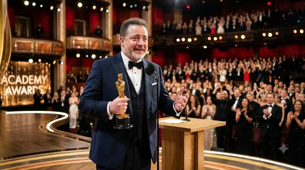 Brendan Fraser accepting his Academy Award for Best Actor looking emotional and grateful on stage