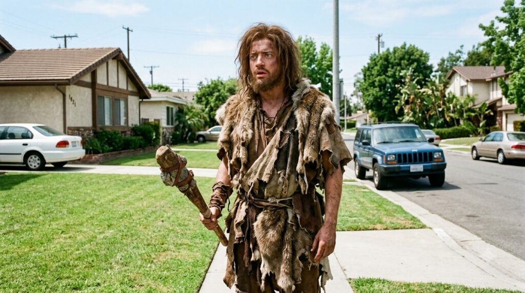 Brendan Fraser as Link in the 1992 movie Encino Man wearing caveman attire and looking bewildered in a modern setting
