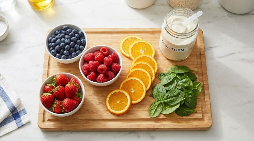 Various fresh fruits and vegetables like berries citrus and spinach laid out with a scoop of collagen powder ready for b