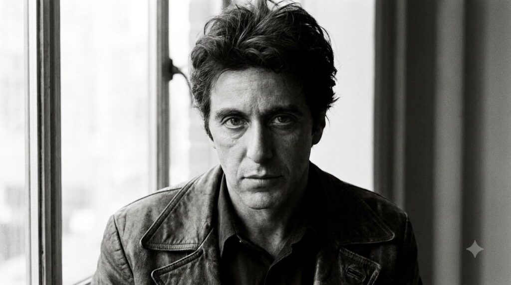 A classic promotional photo of Al Pacino in his prime possibly from The Godfather era looking intense and serious