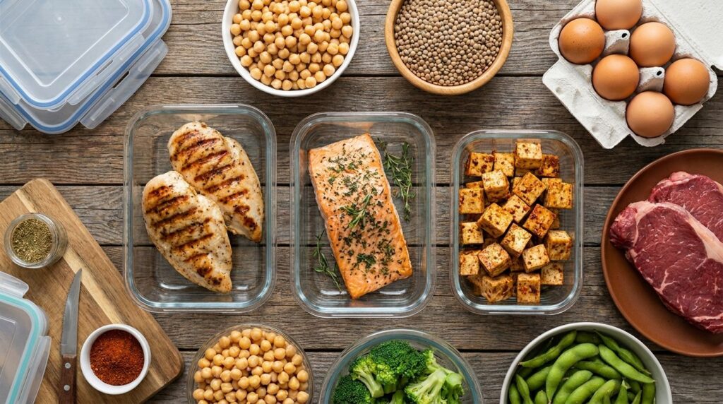 A variety of cooked and raw protein sources neatly arranged such as grilled chicken baked salmon seasoned tofu and a bow
