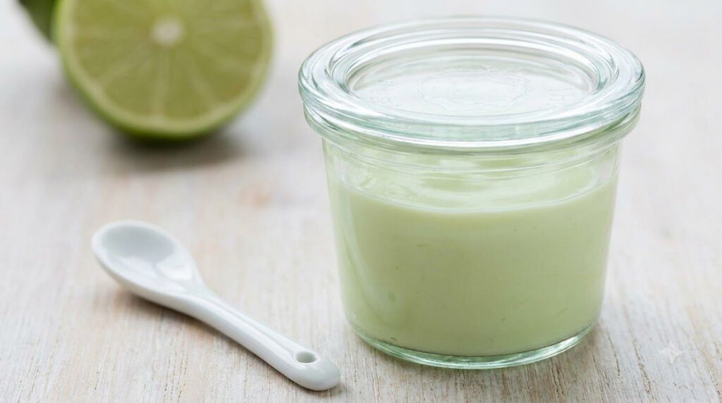 A close-up of a small clean airtight container holding the mixed Vaseline and lime balm The texture is smooth and creamy