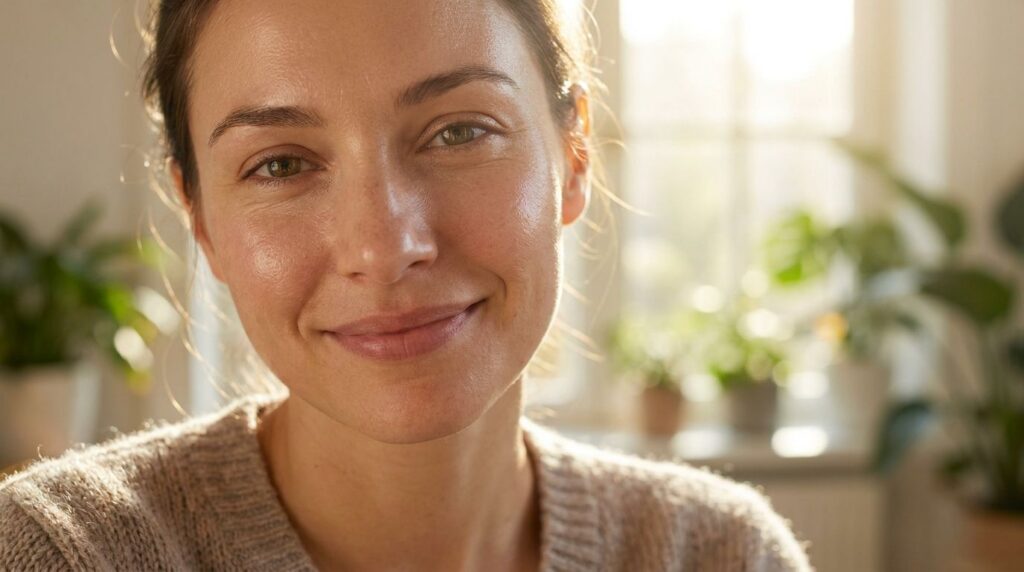 A woman with glowing clear skin smiling showcasing the results of natural skincare