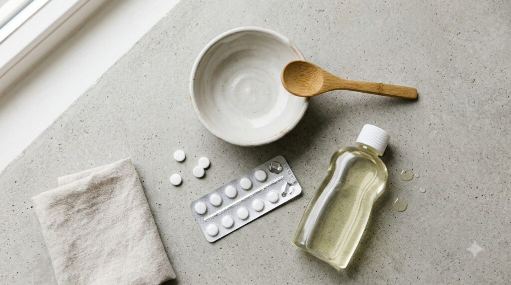 Ingredients laid out for the aspirin and baby oil mask aspirin blister pack bottle of baby oil small bowl and spoon