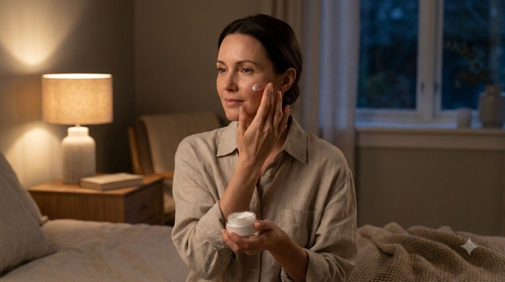 A woman gently applying a small amount of homemade cream to her face at night emphasizing gentle upward motions
