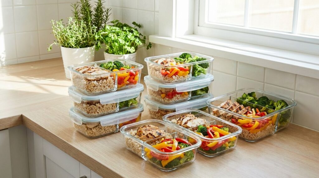 A set of meal prep containers some with compartments filled with various components of a protein power bowl like pre-coo