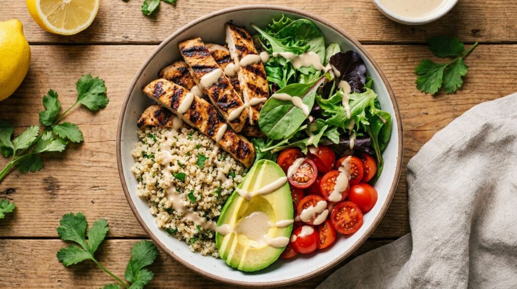 A beautifully arranged protein power bowl with grilled chicken quinoa mixed greens avocado cherry tomatoes and a tahini 