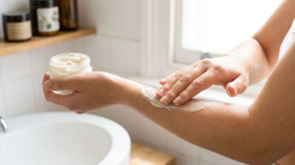 A person applying a creamy DIY beauty mixture to their arm showing smooth glowing skin after application The texture of 