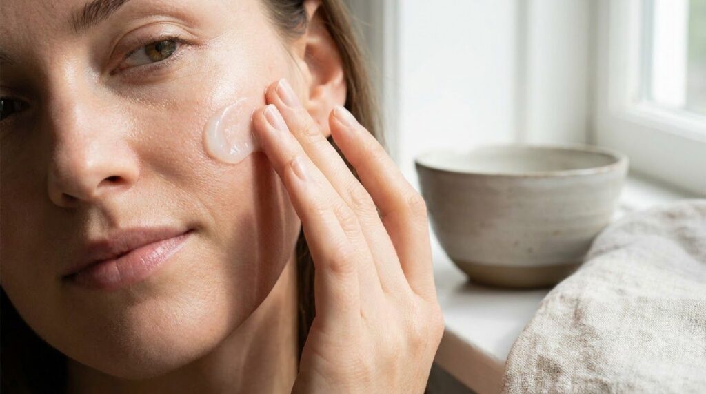 A woman s hand gently applying a translucent cornstarch gel to her cheek illustrating a smooth and natural application