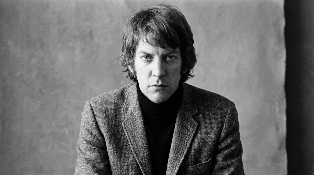 A real publicity photo of a young Donald Sutherland from his early career showing his distinctive features
