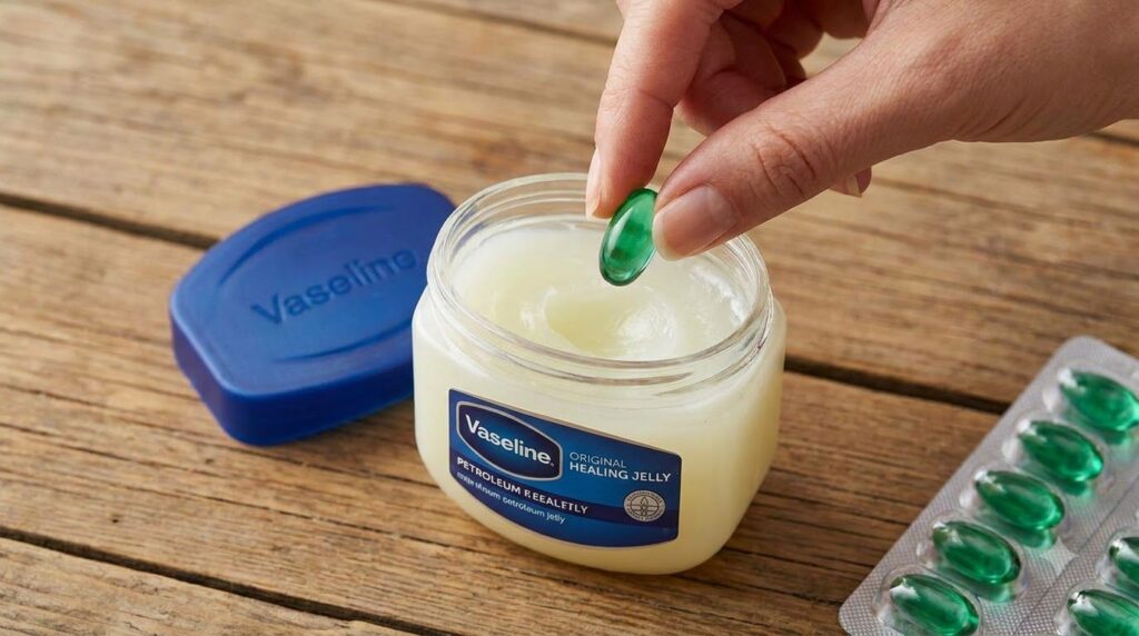 A top-down shot showing an open tub of Vaseline Original Healing Jelly with a hand adding a green soft gel capsule into 