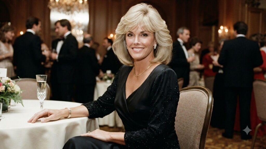 A real archival photo of Linda Evans showcasing her 1980s fashion and hairstyle