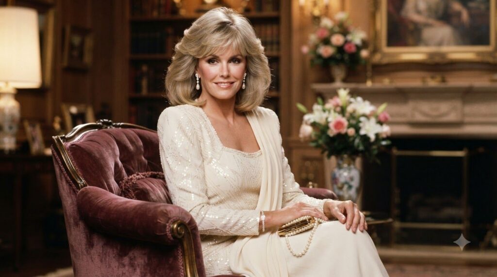 A real publicity photo of Linda Evans as Krystle Carrington from Dynasty showing her glamorous 1980s look