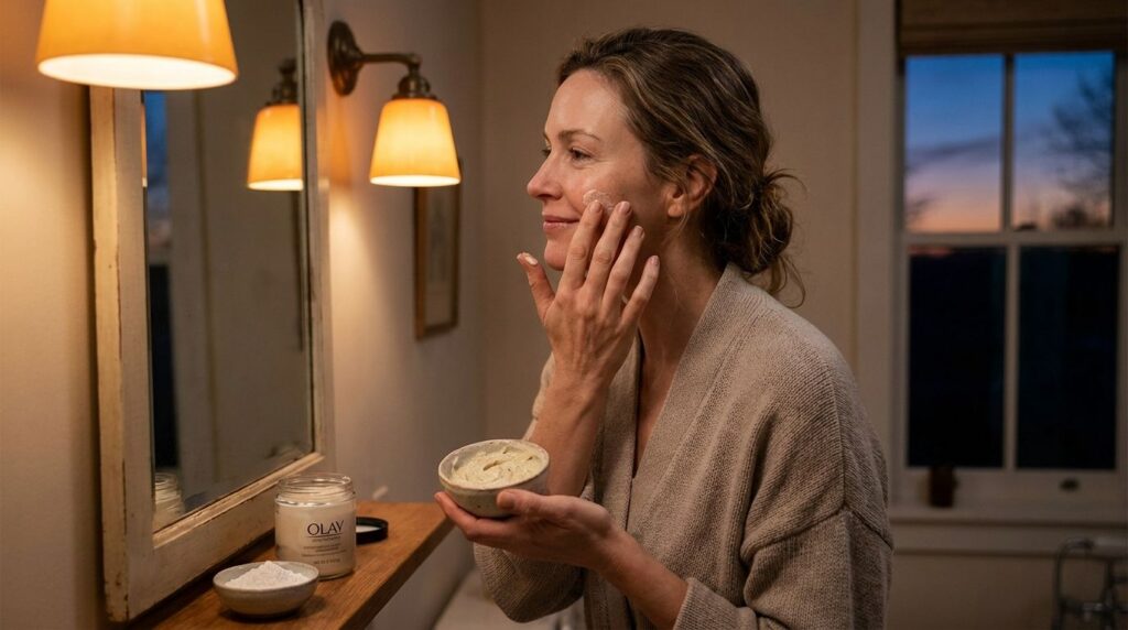 A close-up of a woman gently applying the Olay Cream and rice powder mixture to her clean face at night with a soft glow