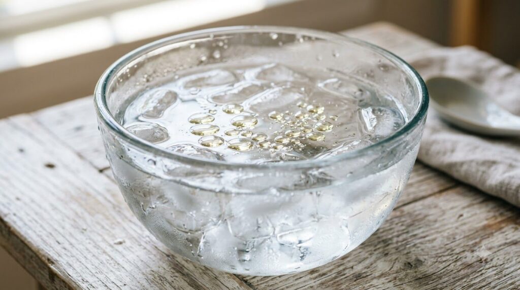 Close-up of a glass bowl filled with ice cubes and water with a few drops of baby oil glistening on the surface ready fo