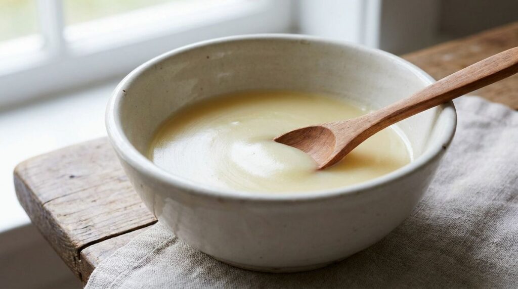 Close-up of a small clean ceramic bowl containing a creamy mixture of Vaseline and Vitamin E oil with a spoon for mixing