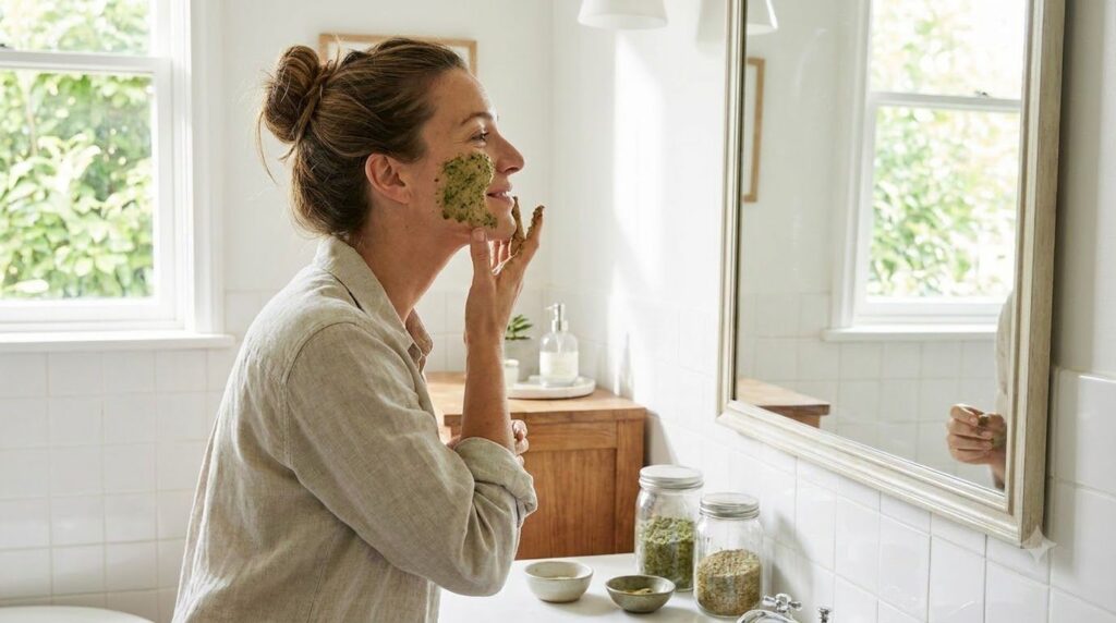A woman gently massaging a DIY facial mixture onto her skin looking refreshed and happy
