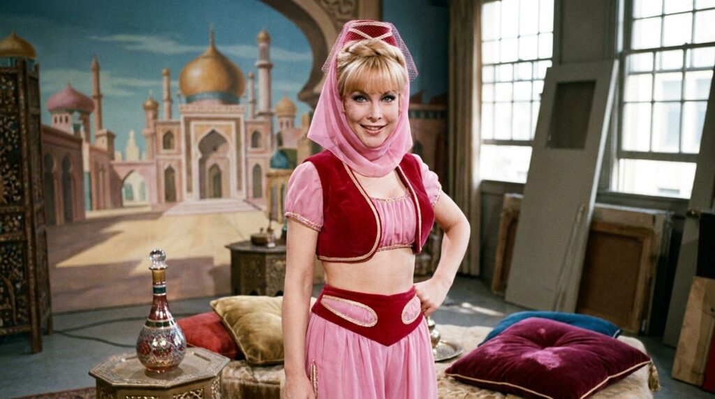 Barbara Eden as Jeannie in her iconic pink harem outfit smiling playfully from a scene in I Dream of Jeannie