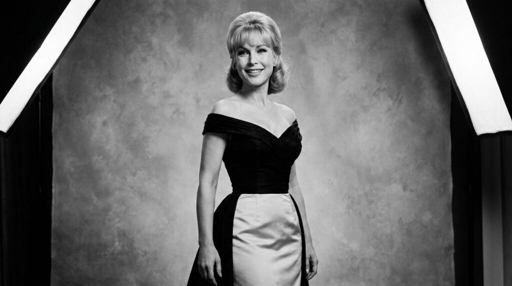 A vintage publicity photo of Barbara Eden from the 1960s or 1970s showing her elegant and sophisticated style beyond her