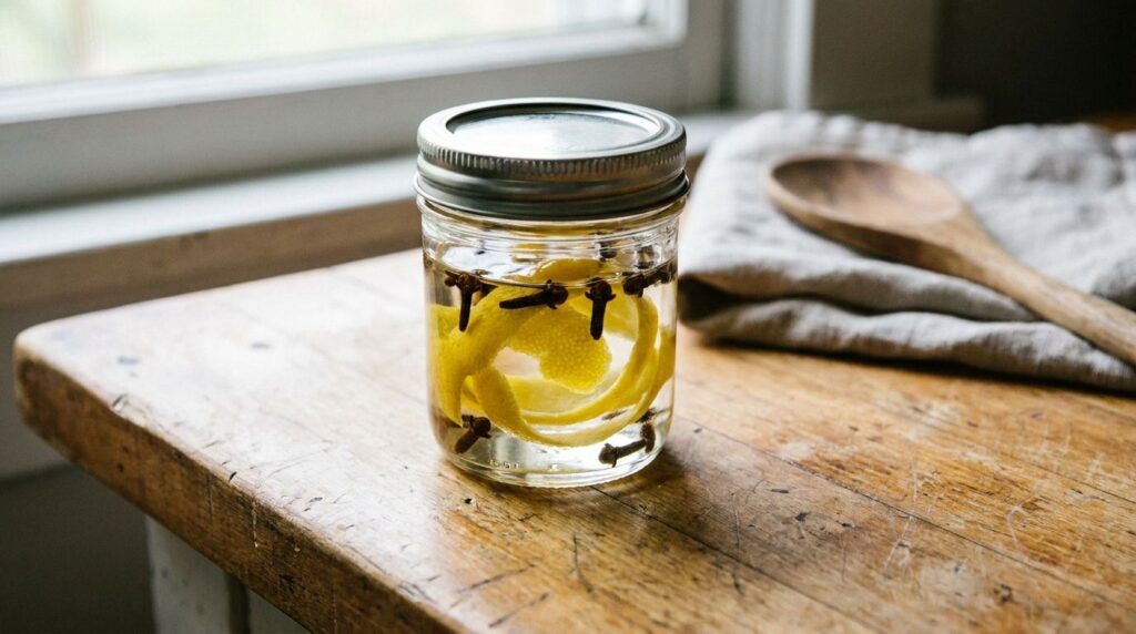 A small glass jar filled with baby oil lemon peels and cloves infusing on a countertop