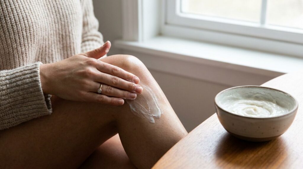 A woman applying a creamy mixture to her elbow or knee demonstrating gentle massage Her skin looks smooth and moisturize
