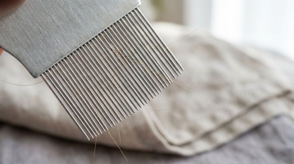 A close-up of a specialized metal lice comb showing its fine teeth with a few strands of hair caught between them The co