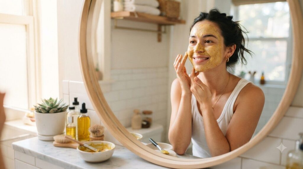 A woman gently applying a yellowish DIY mask to her clean face in a brightly lit bathroom looking in a mirror with a sof