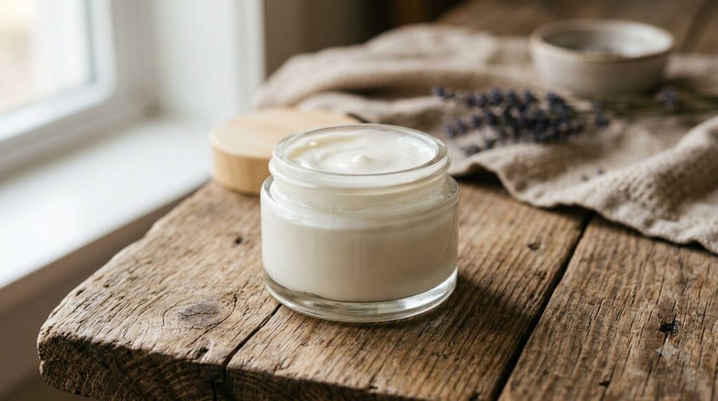 A small elegant jar of the finished homemade body cream with Vaseline baking soda and baby oil on a simple natural backg