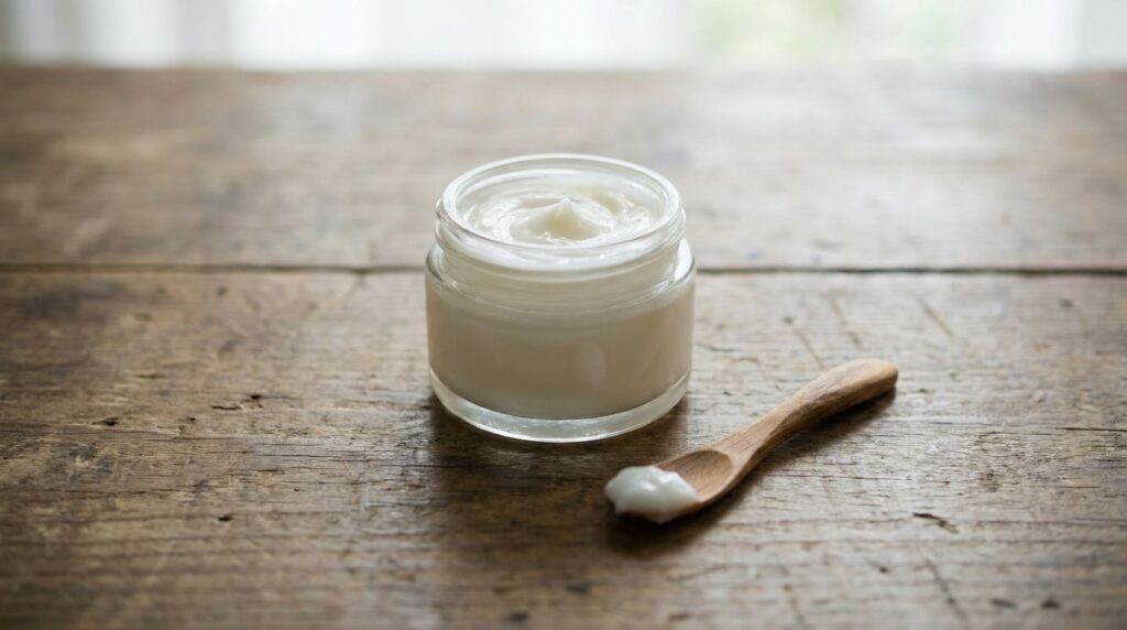 A close-up of a glass jar containing the finished Vitamin E and Vaseline blend looking smooth and creamy with a small wo