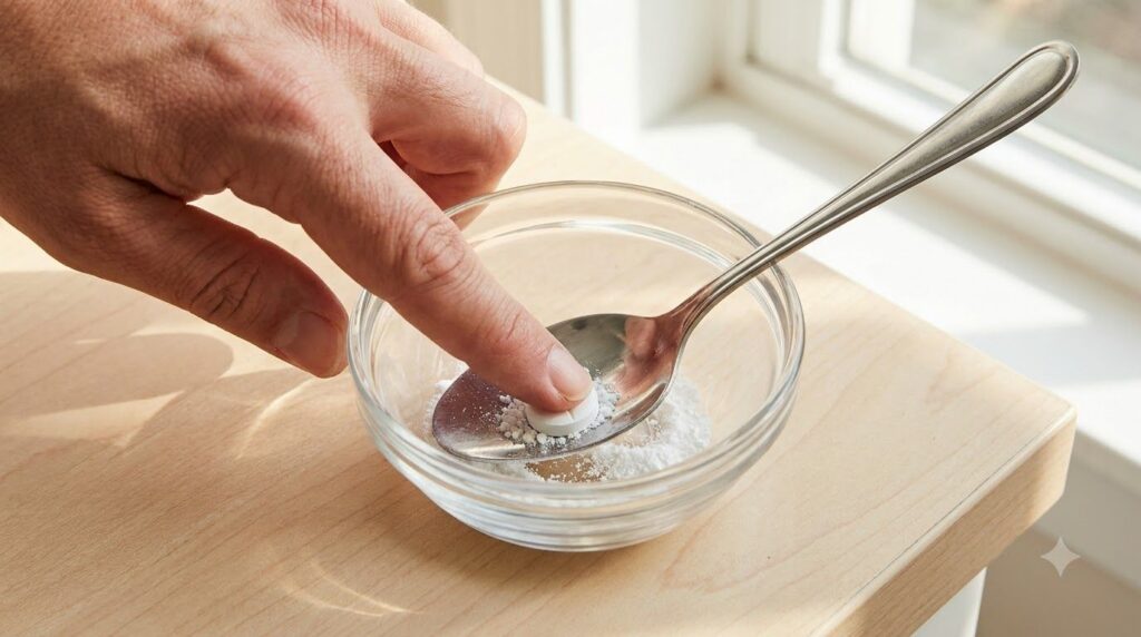 A close-up of a hand using the back of a spoon to finely crush an aspirin tablet in a small glass bowl transforming it i