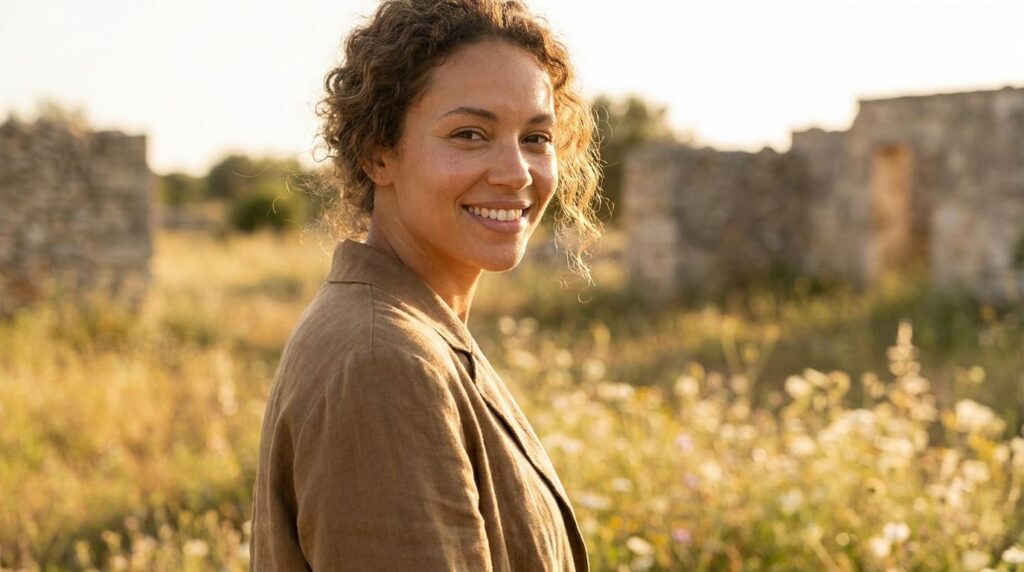 A woman confidently smiling with visibly glowing clear and youthful skin perhaps lightly touched by golden hour sunlight