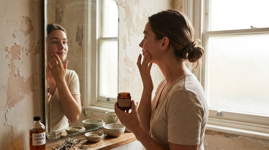 A woman gently applying the homemade clove and turmeric oil to her face with her fingertips looking at herself in a mirr