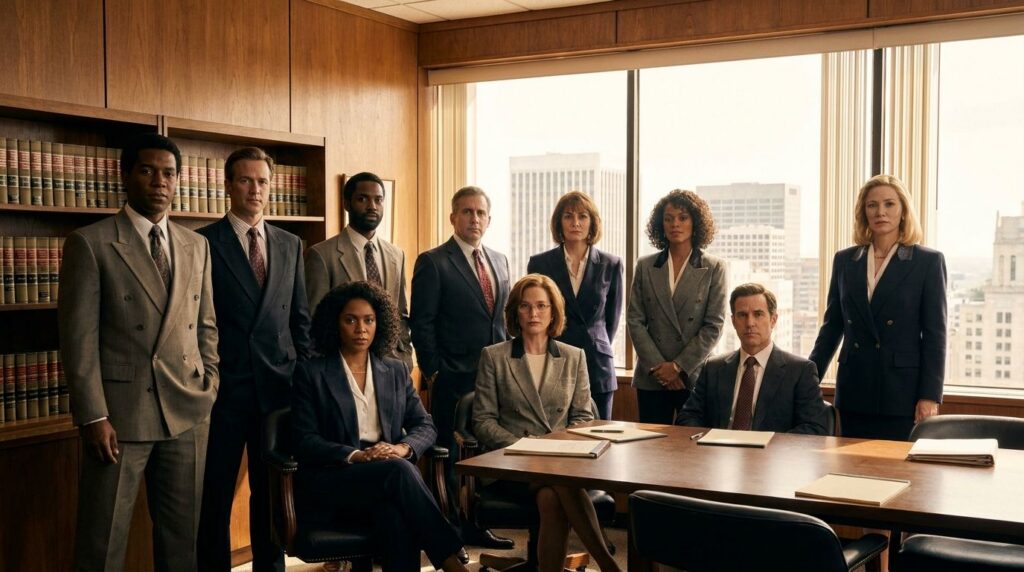 An iconic promotional shot of the cast of L A Law from the late 1980s featuring multiple male and female actors dressed 