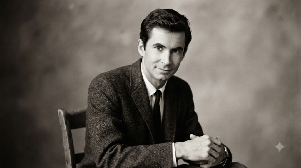 A vintage photo of a young Anthony Perkins perhaps from an earlier film or photoshoot looking charming and slightly vuln