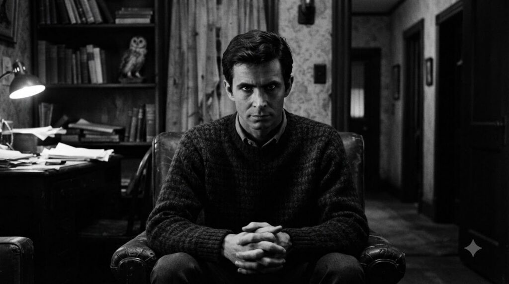 Anthony Perkins as Norman Bates in a scene from Psycho looking menacing or disturbed perhaps holding a knife or with a s