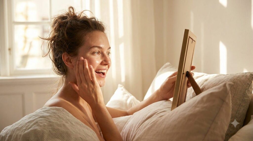A woman waking up in the morning gently touching her face looking surprised and pleased by her glowing glass skin comple