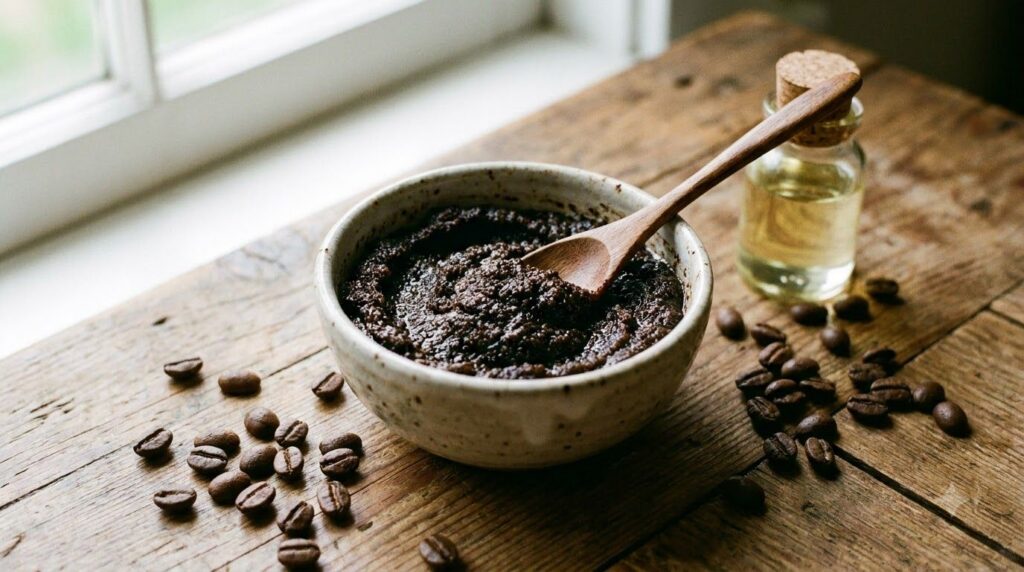 Small bowl with coffee grounds and baby oil mixed into a scrub alongside whole coffee beans and a bottle of baby oil