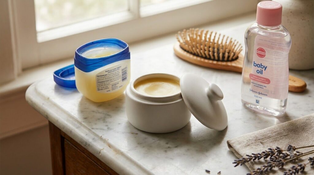 Small container of petroleum jelly and baby oil balm next to a jar of petroleum jelly and a bottle of baby oil