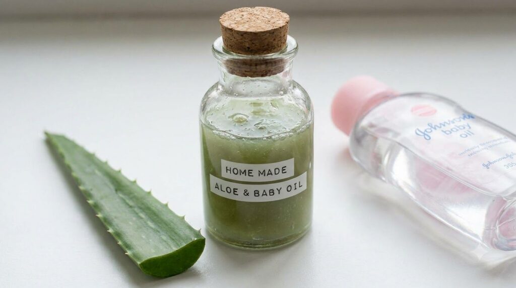 Small bottle of aloe vera and baby oil elixir next to an aloe vera leaf and a bottle of baby oil